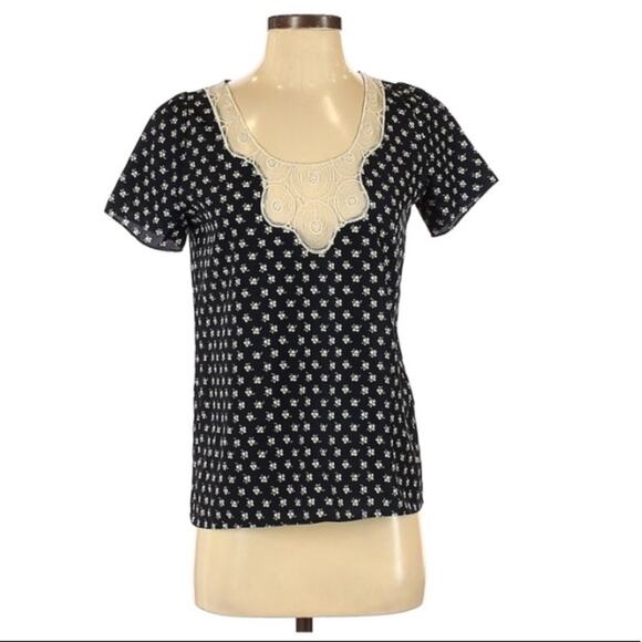 Ulla Johnson Vasia Black Ditsy Floral Lace Plunge Blouse Womens XS Top Shirt - Picture 1 of 8